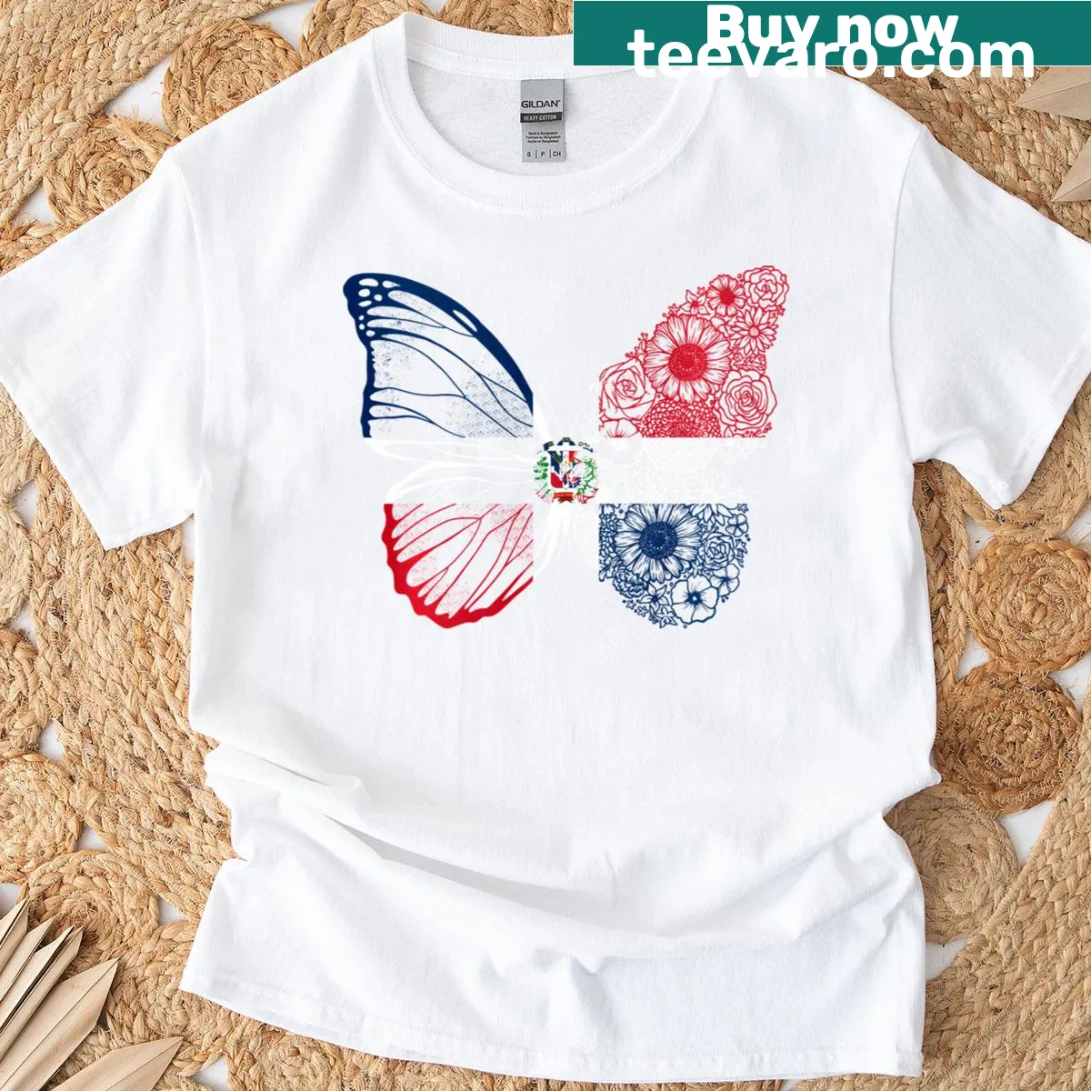 Patriotic Dominican Republic butterfly T-shirt design — on a men's t-shirt