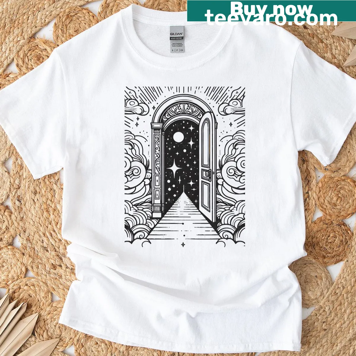 Oversized T-shirt with a cosmic doorway illustration — on a men's t-shirt