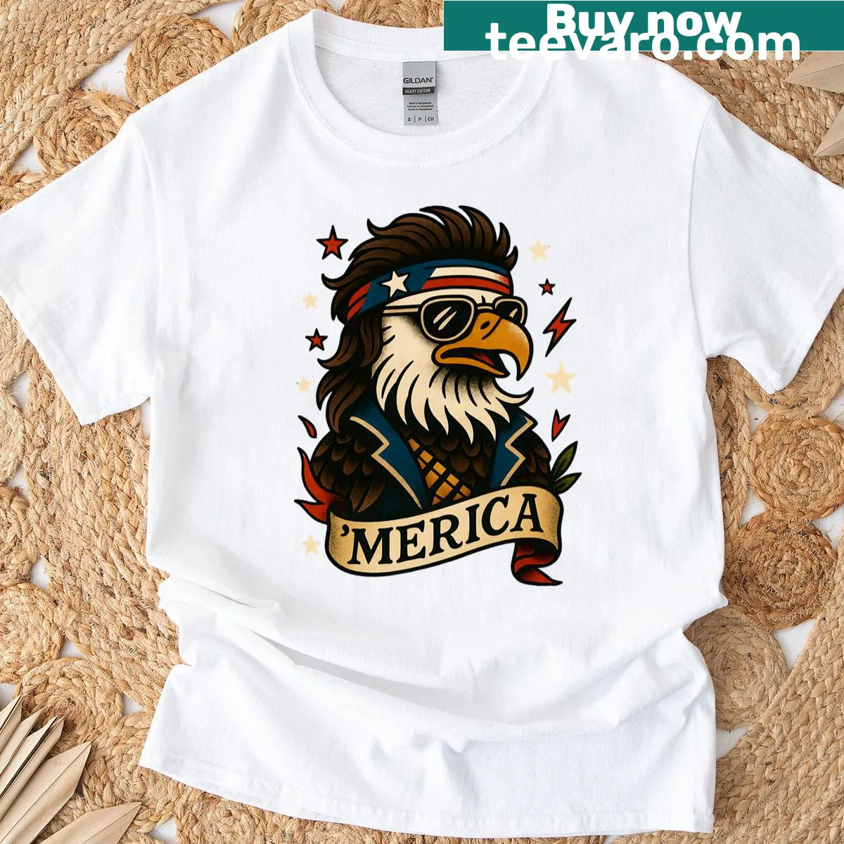 Patriotic t-shirt featuring an eagle with a mullet and sunglasses. — on a men's t-shirt
