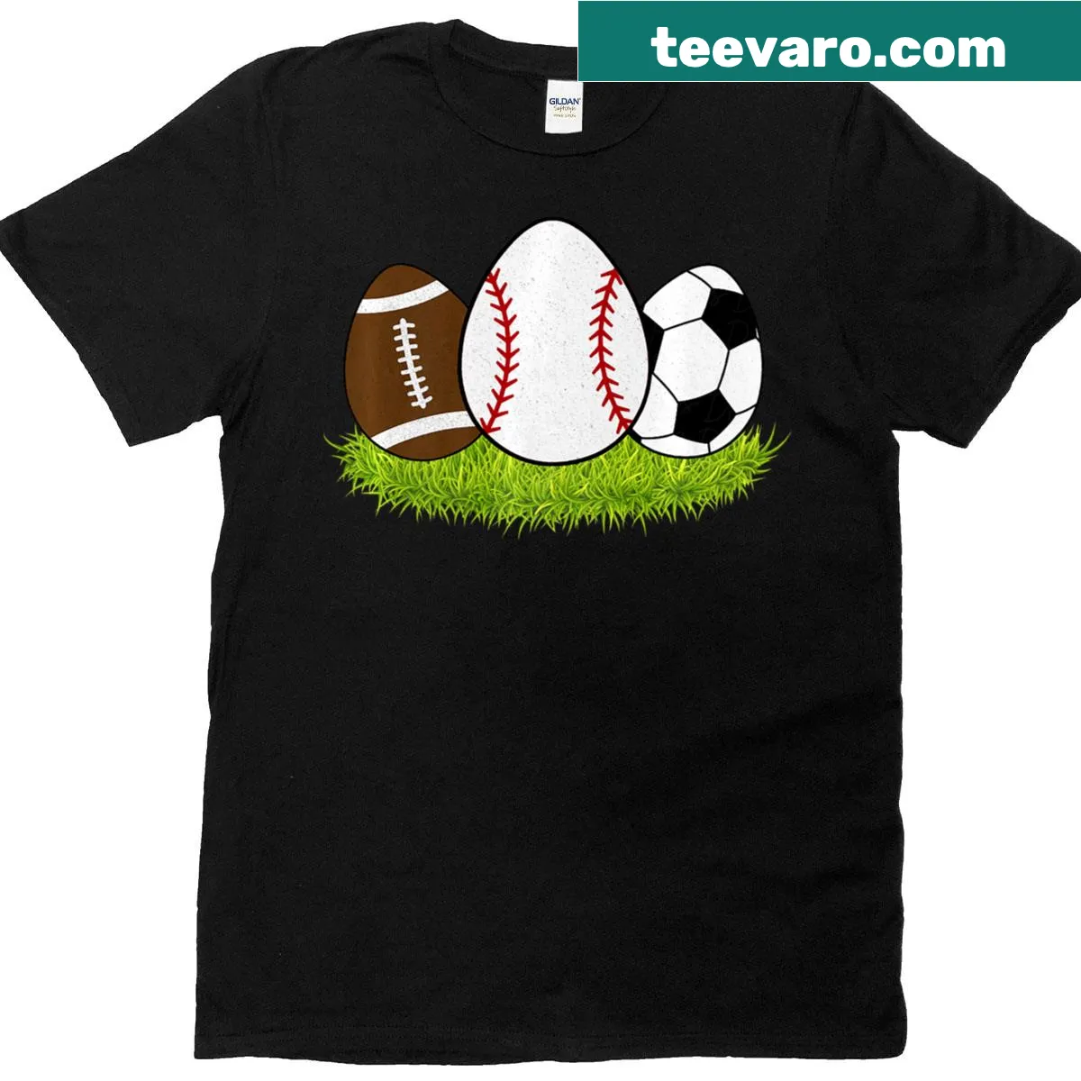 Playful Easter-themed T-shirt with sports and bunnies design — on a men's t-shirt