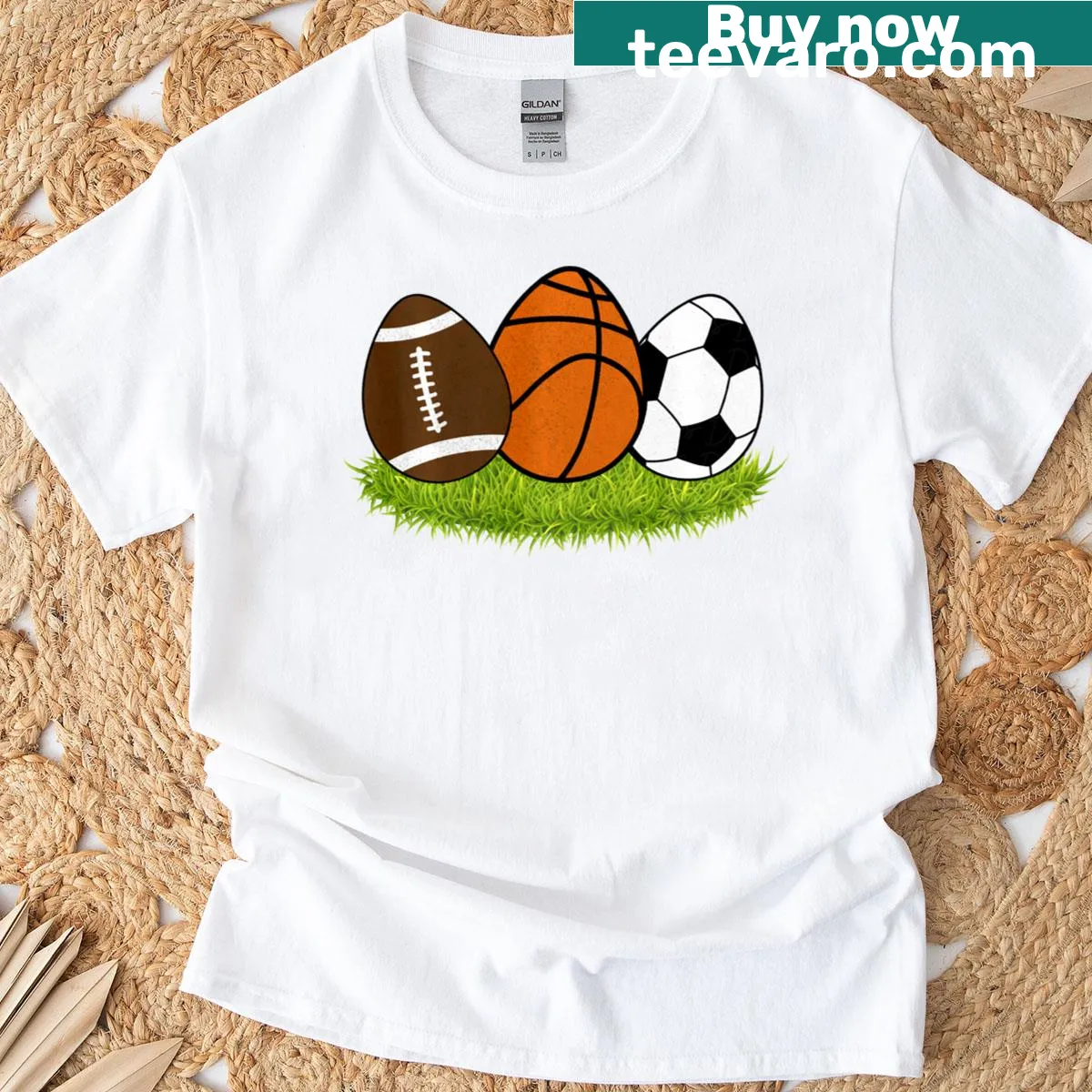 Easter-themed T-shirt with sports bunnies playing football, basketball, and soccer — on a men's t-shirt