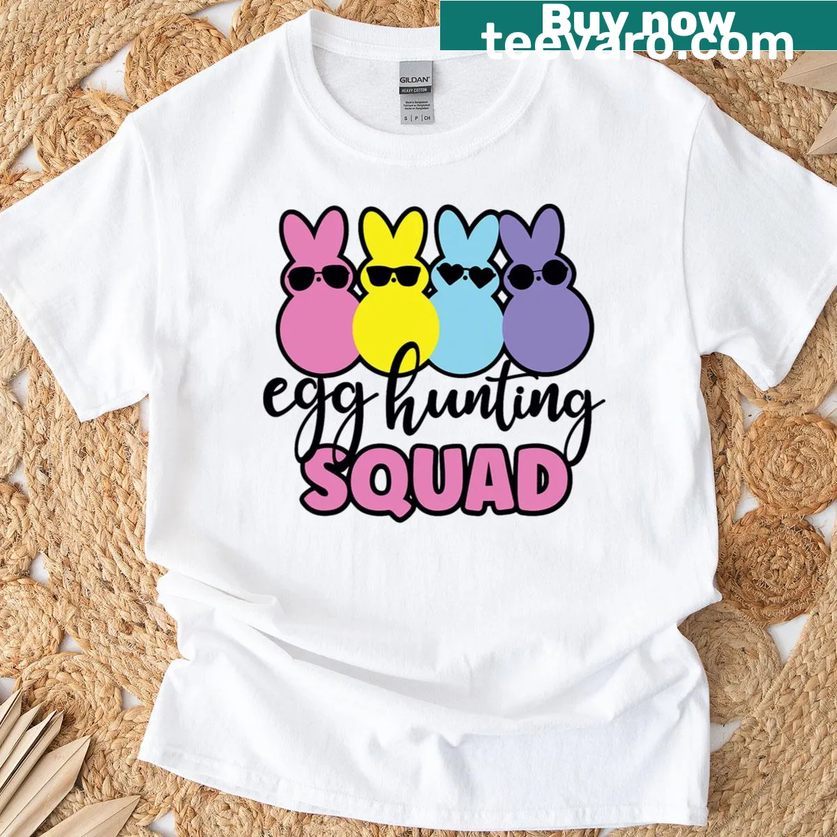 Funny Easter T-shirt with 'Egg Hunting Squad' text design — on a men's t-shirt