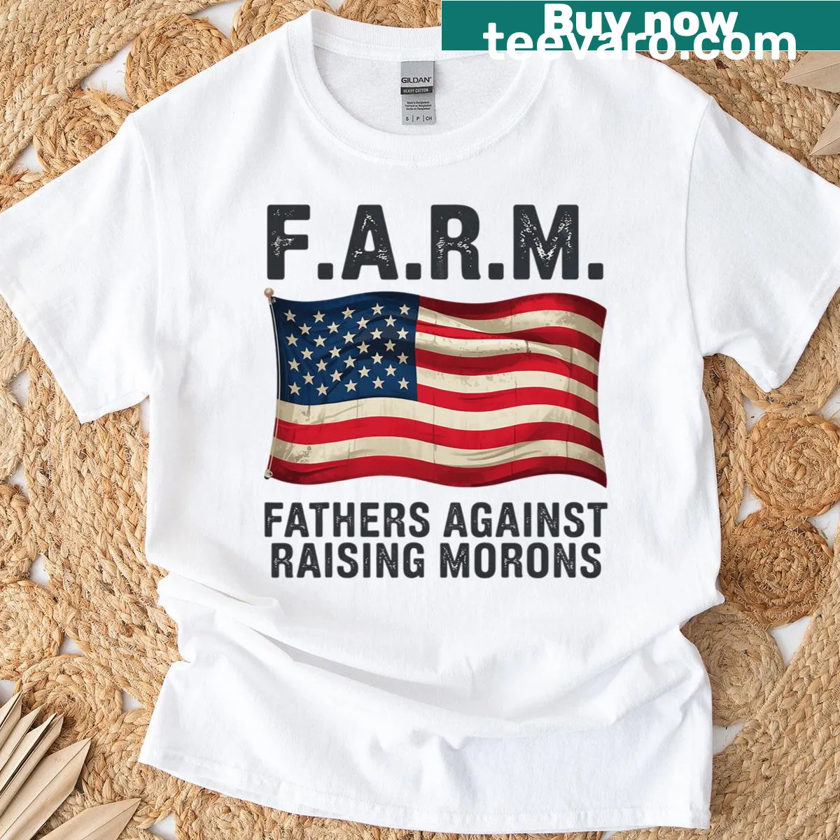 Funny T-shirt for dads with the phrase 'Fathers Against Raising Morons' and a USA flag — on a men's t-shirt