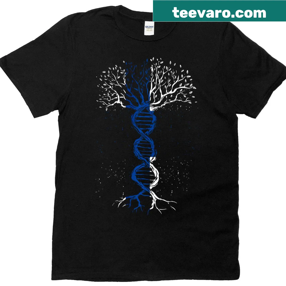 Patriotic T-shirt with DNA tree graphic representing Finnish roots — on a men's t-shirt