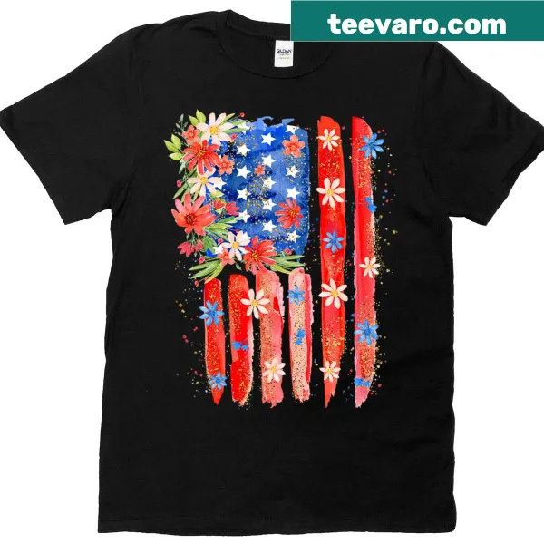 Floral USA flag design on Fourth of July T-shirt