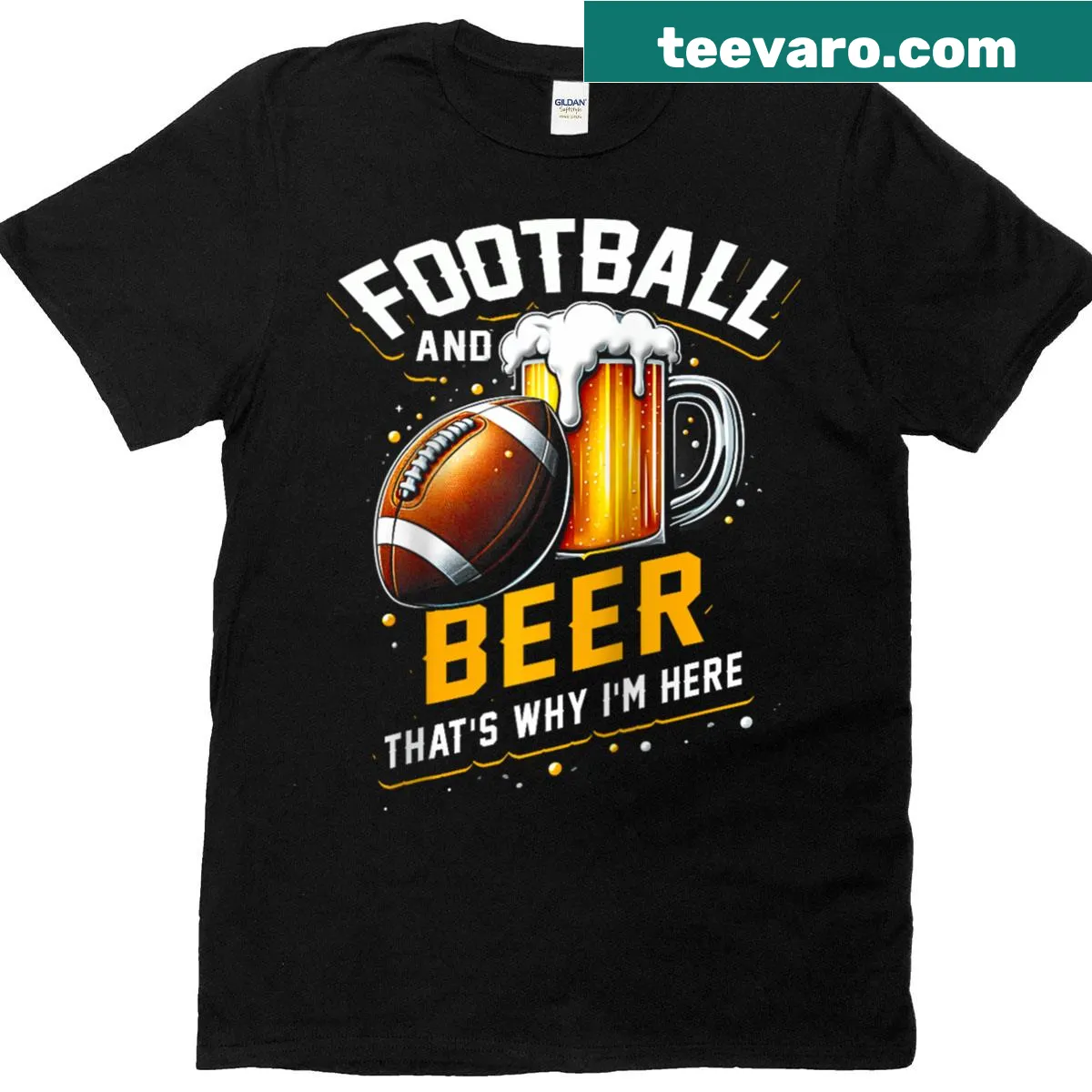 Raglan baseball tee with the phrase 'Football and Beer, That's Why I'm Here' — on a men's t-shirt
