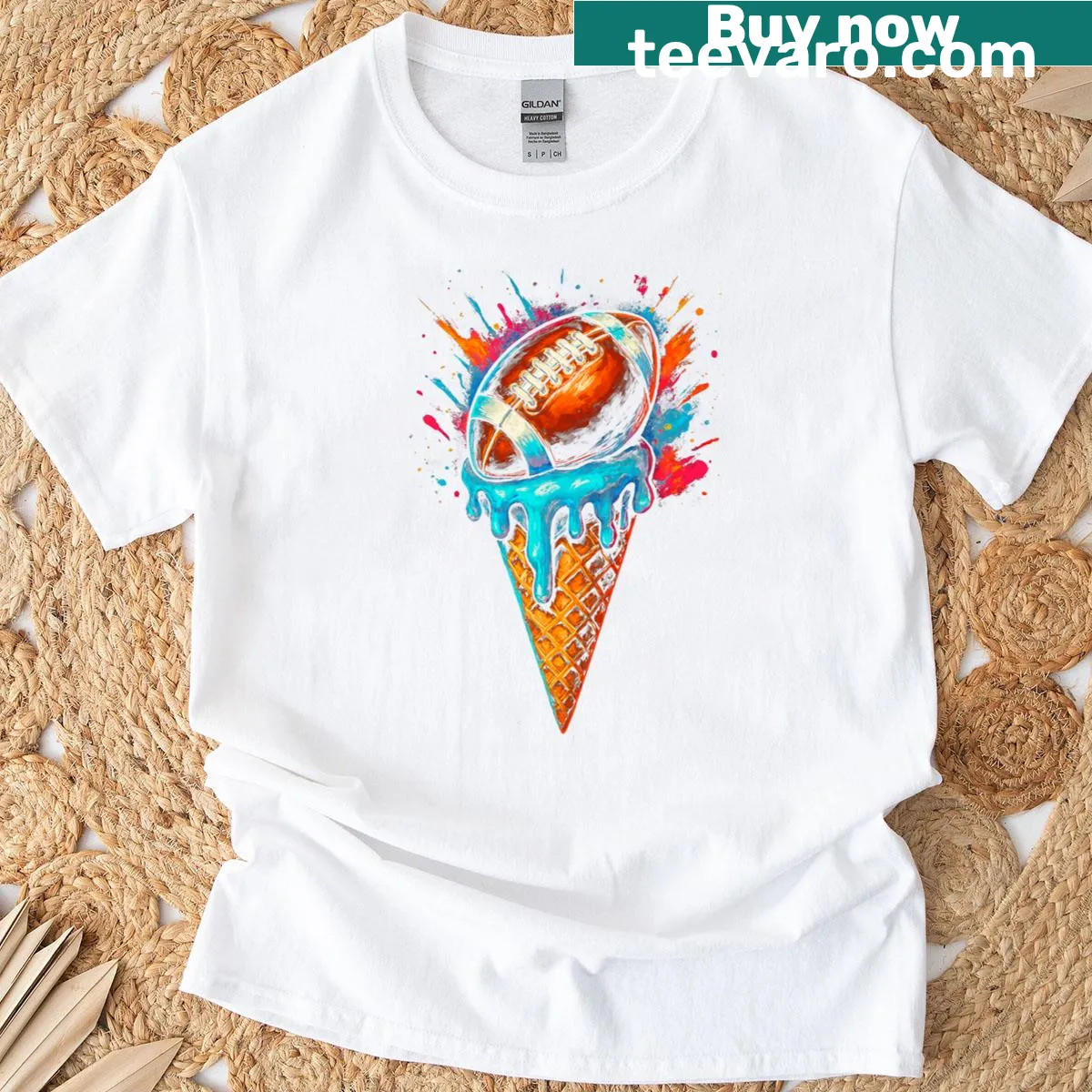 Cartoon-style T-shirt featuring a football player with an ice cream drip design — on a men's t-shirt