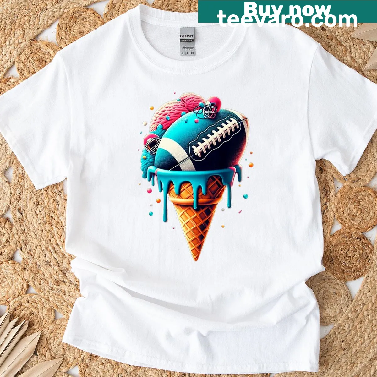 Ice cream cone T-shirt designed with a football theme and sprinkles — on a men's t-shirt