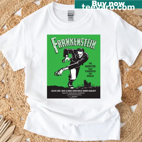 Distressed graphic of the classic Frankenstein movie poster on a T-shirt