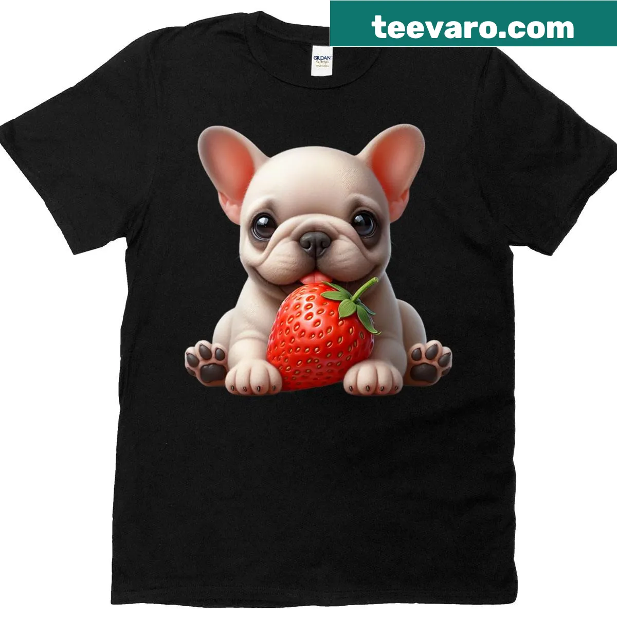 Graphic T-shirt featuring a cute French bulldog eating a strawberry. — on a men's t-shirt