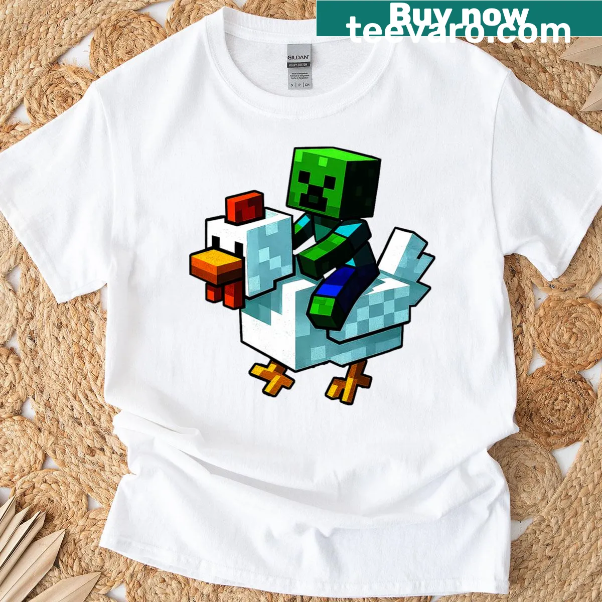 Funny pixel art T-shirt featuring a jock chicken and zombies. — on a men's t-shirt