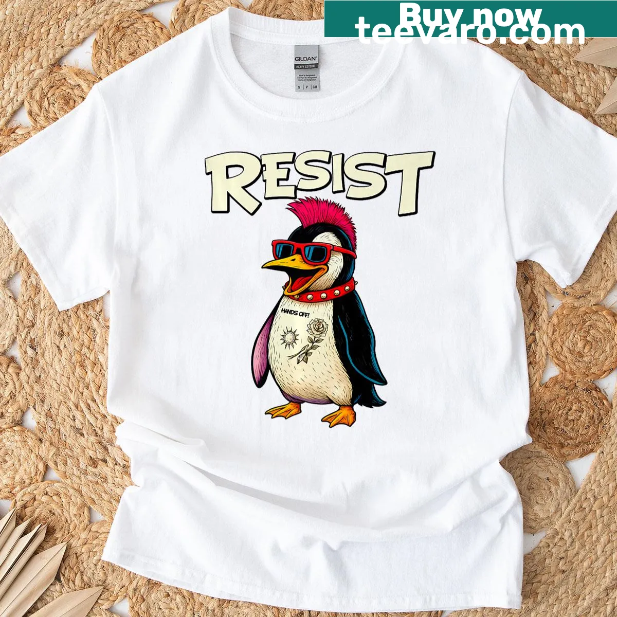 Vintage-style penguin t-shirt with funny resist graphic — on a men's t-shirt