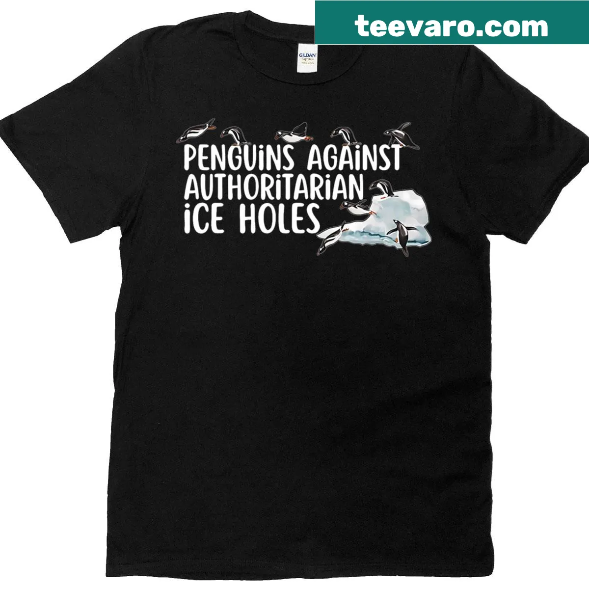 Sarcastic t-shirt featuring penguins protesting against authoritarian figures — on a men's t-shirt