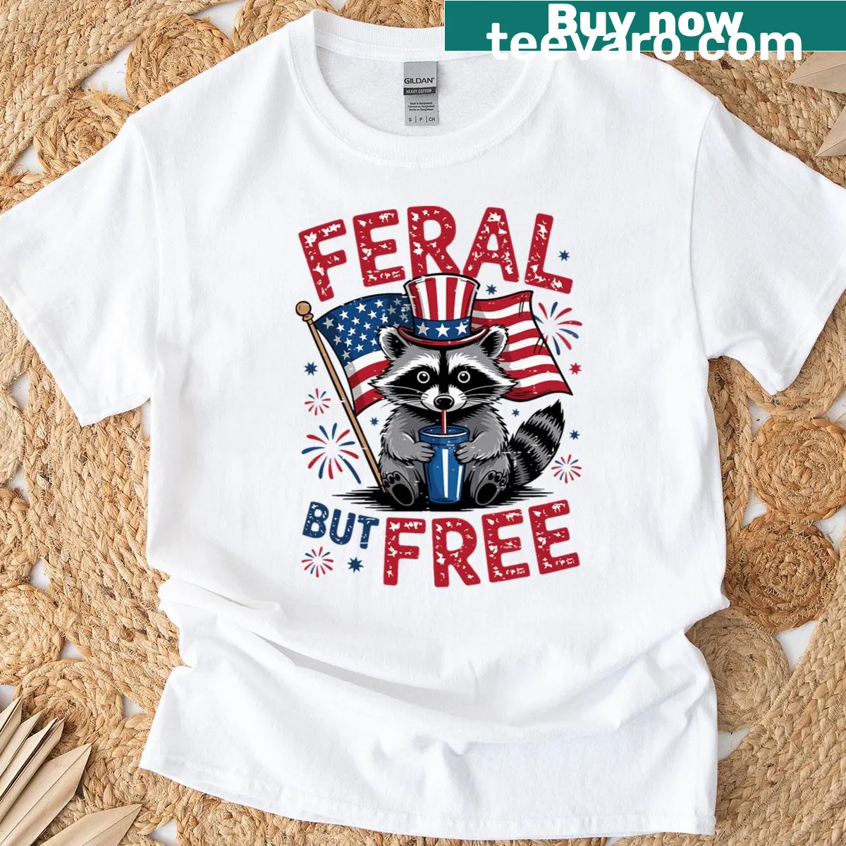 Patriotic raccoon with US flag graphic on a Fourth of July T-shirt — on a men's t-shirt