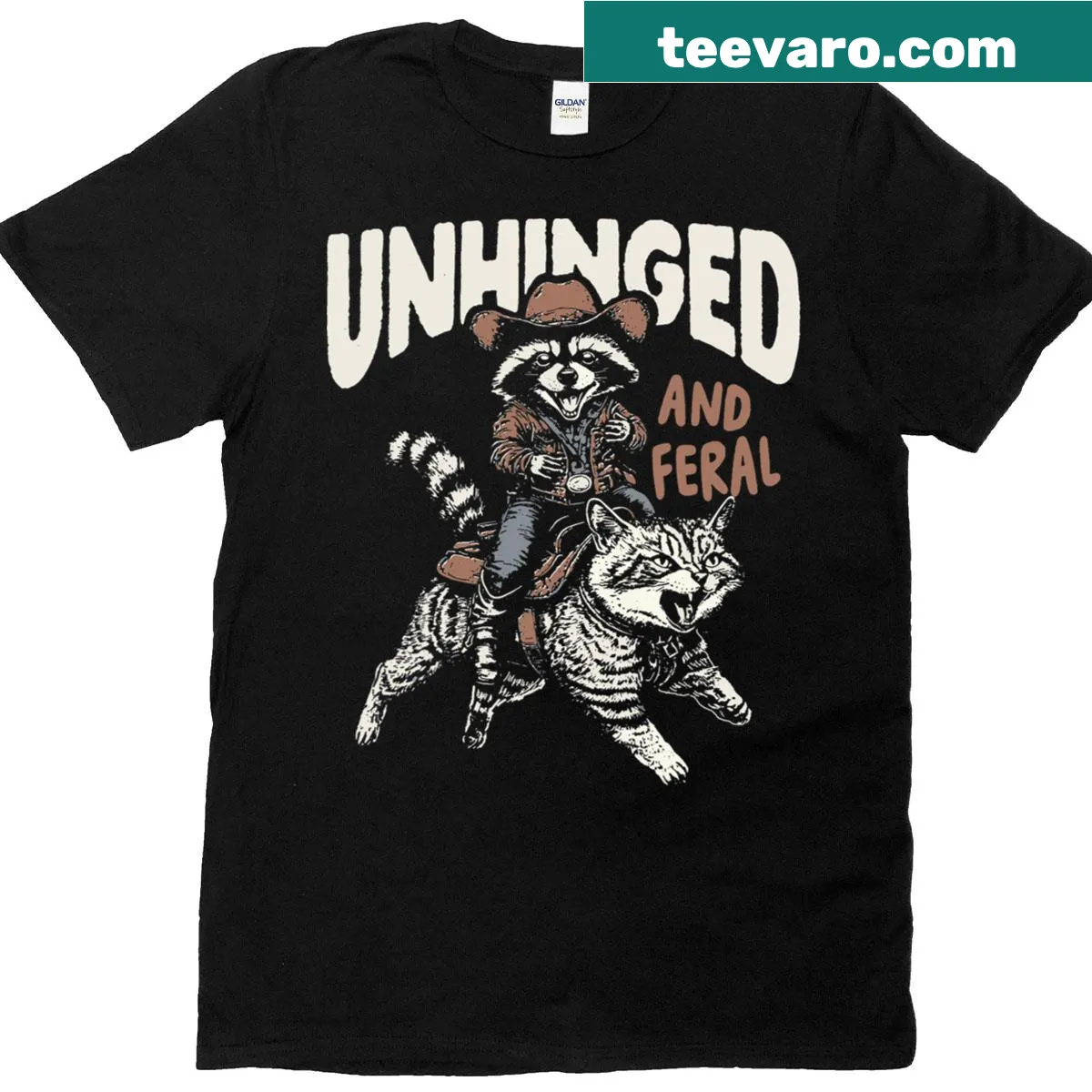 Vintage T-shirt featuring a funny raccoon cowboy graphic. — on a men's t-shirt