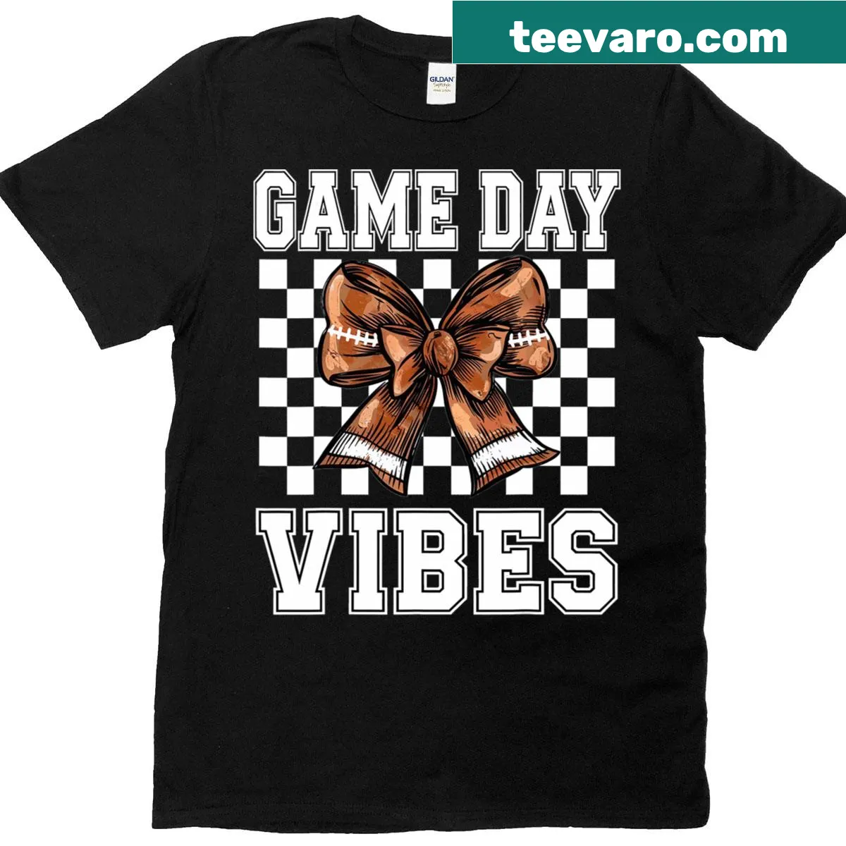 Football bow design on a women's game day T-shirt — on a men's t-shirt