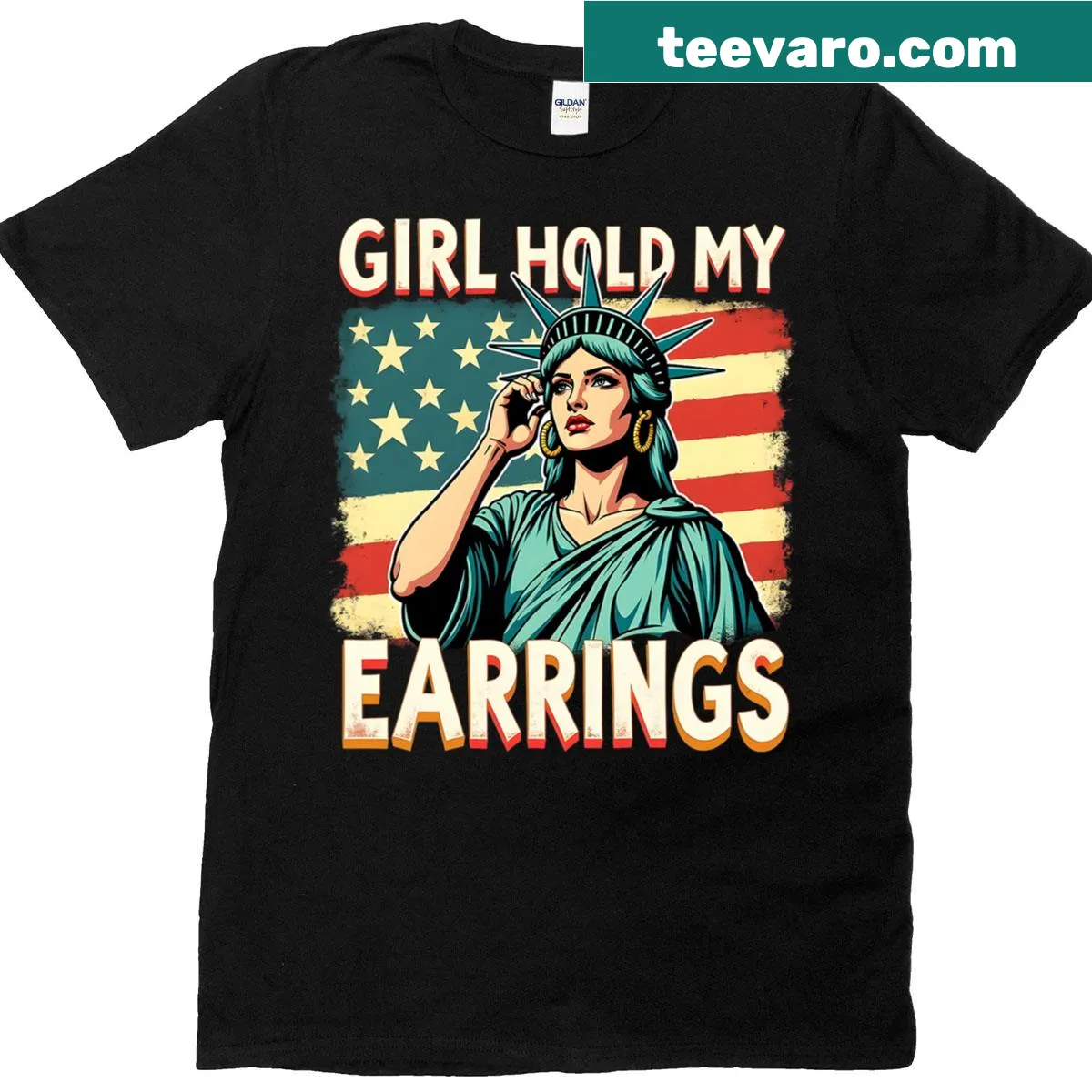 Playful patriotic woman graphic T-shirt — on a men's t-shirt