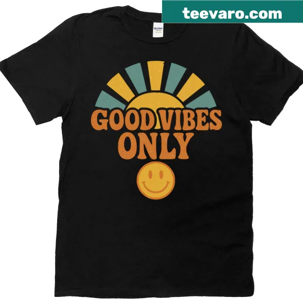Positive message t-shirt with 'Good Vibes Only' text.