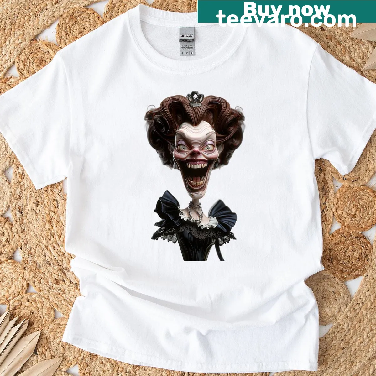 Illustration of a grinning Victorian lady on a stylish t-shirt. — on a men's t-shirt