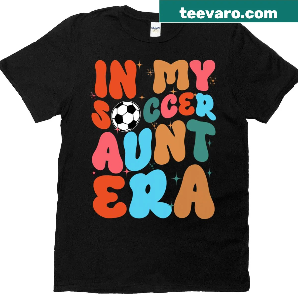 Funny T-shirt for soccer aunts featuring groovy text — on a men's t-shirt