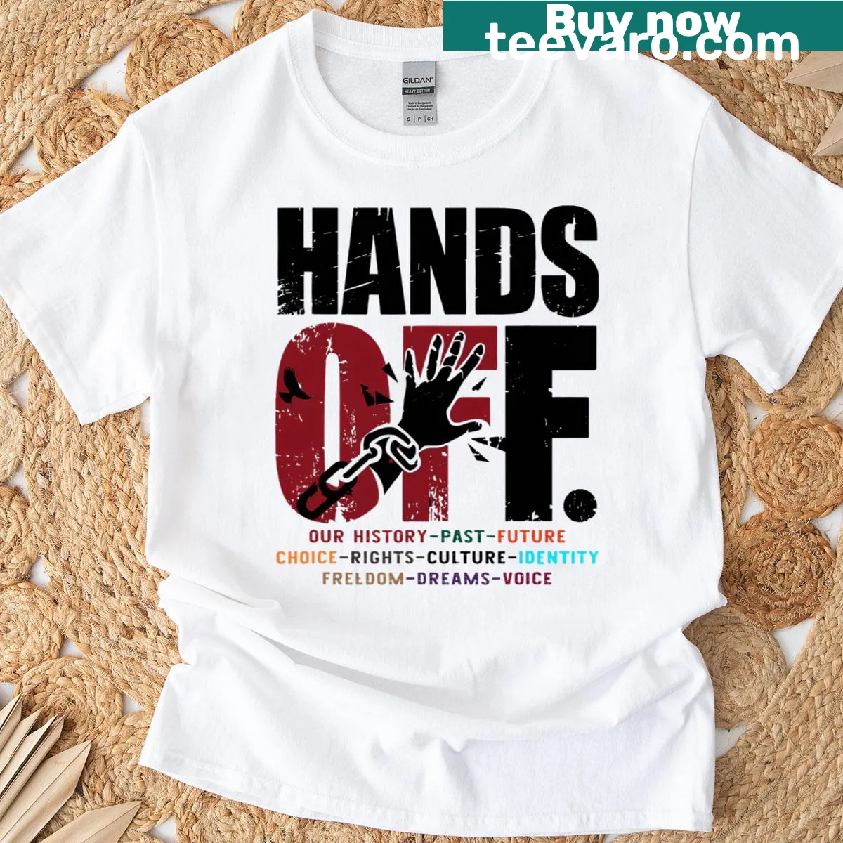 Bold hands off protest message on a T-shirt — on a men's t-shirt