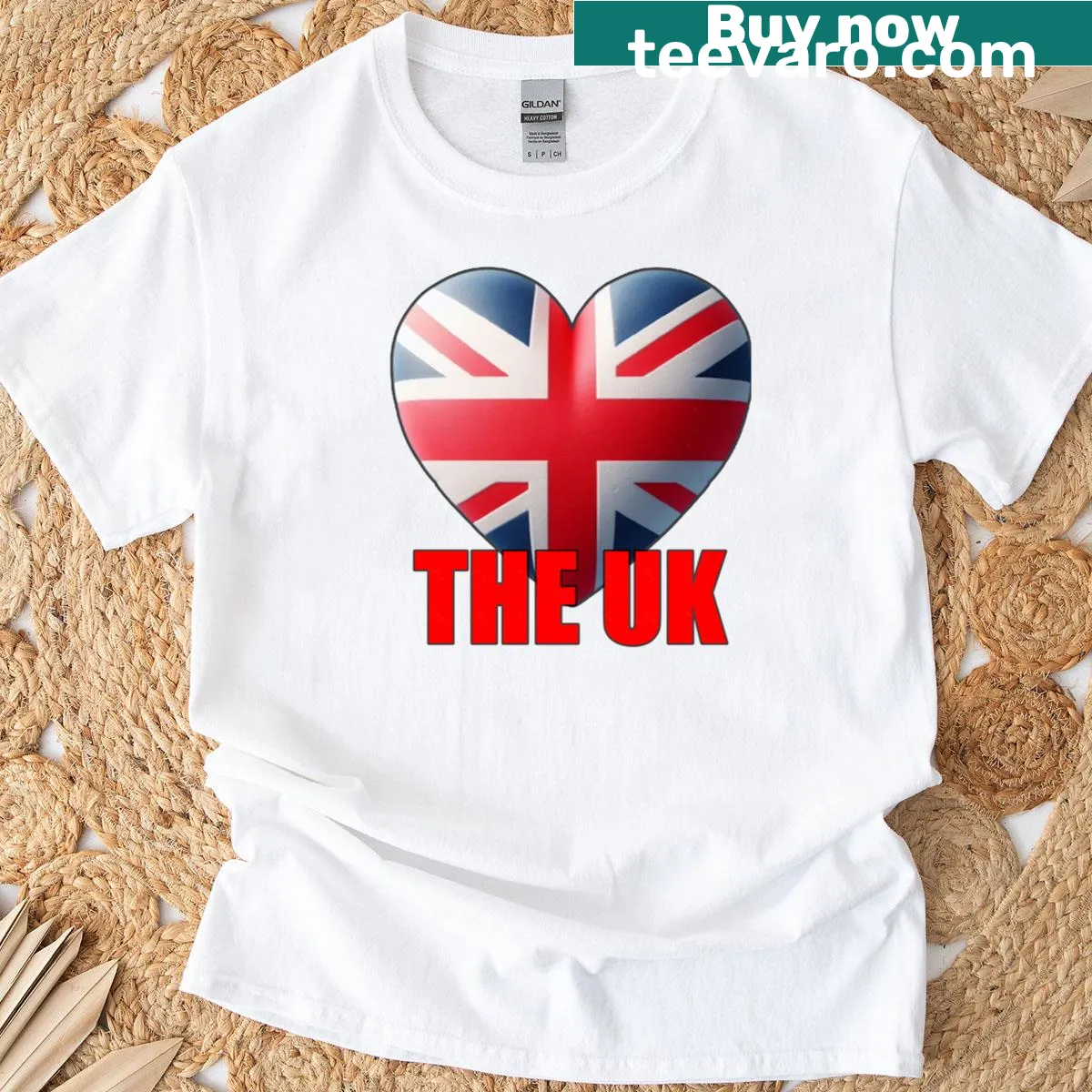 Heart-shaped UK flag design on a sentimental t-shirt. — on a men's t-shirt