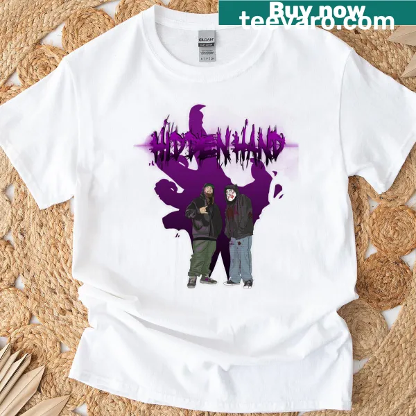 T-shirt with abstract typography featuring the phrase 'Hidden Hand'
