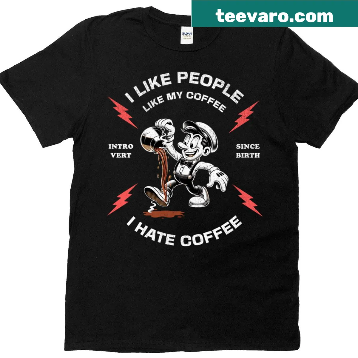 Humorous t-shirt for coffee lovers with text about hating people — on a men's t-shirt