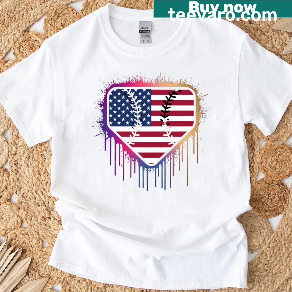 Ice cream and baseball-themed patriotic T-shirt with American flag design — on a men's t-shirt