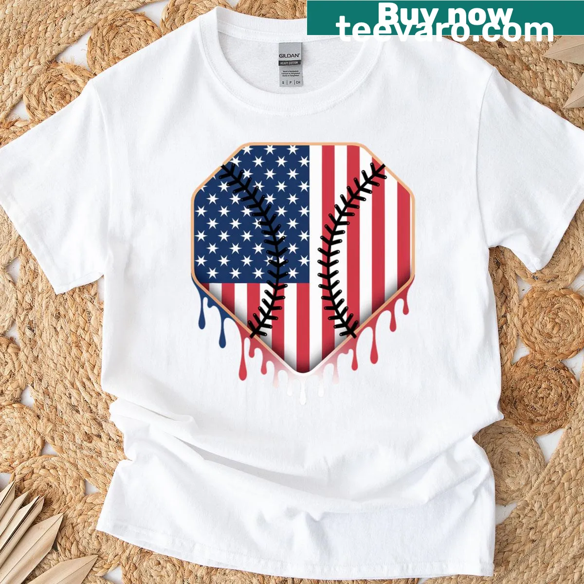T-shirt featuring ice cream dripping over baseball and American flag — on a men's t-shirt