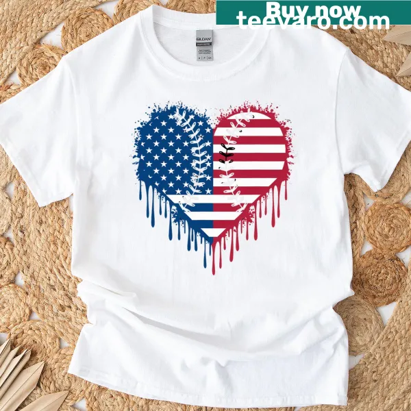 Patriotic ice cream baseball drip t-shirt featuring American flag colors