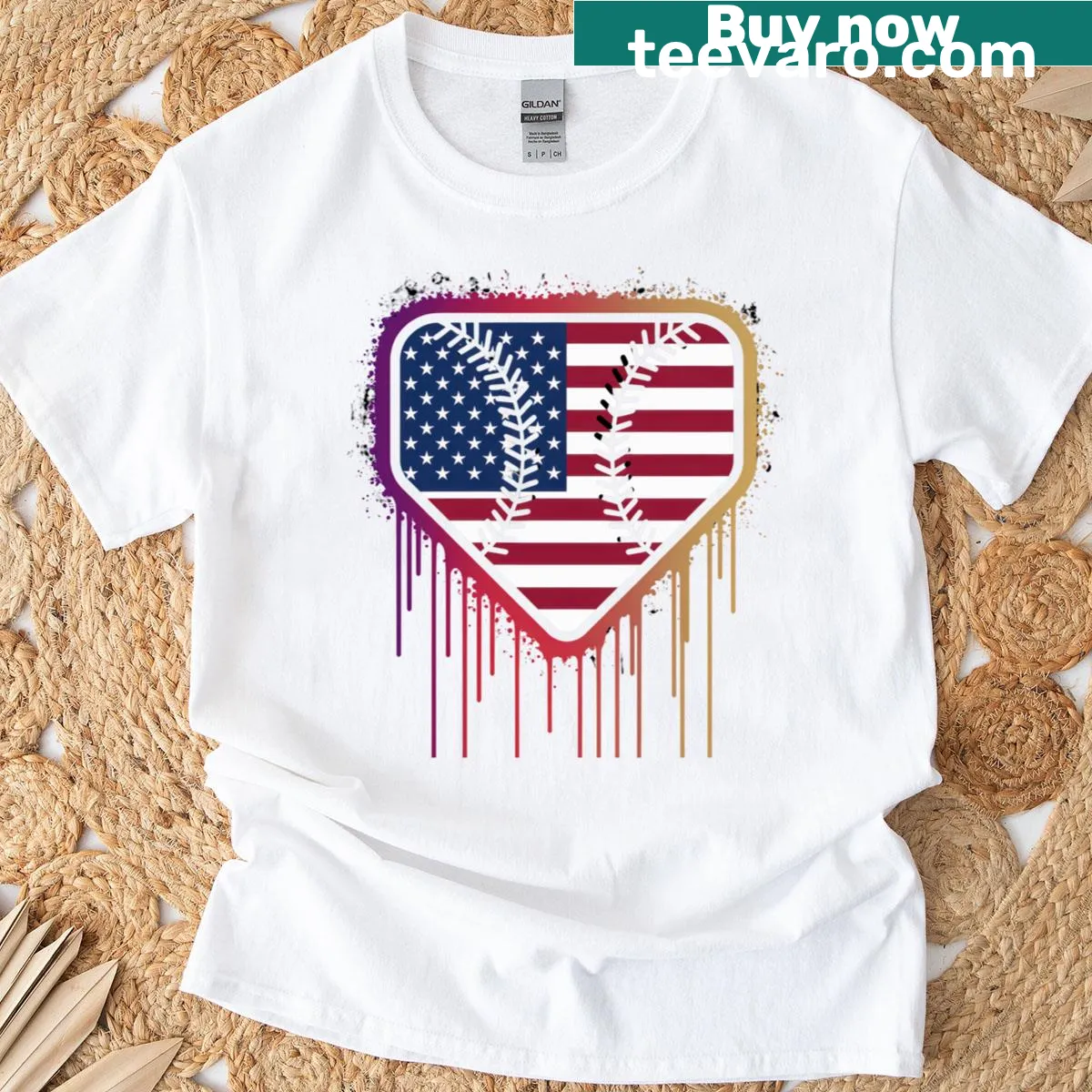 Ice cream and American flag graphic T-shirt in baseball drip design — on a men's t-shirt