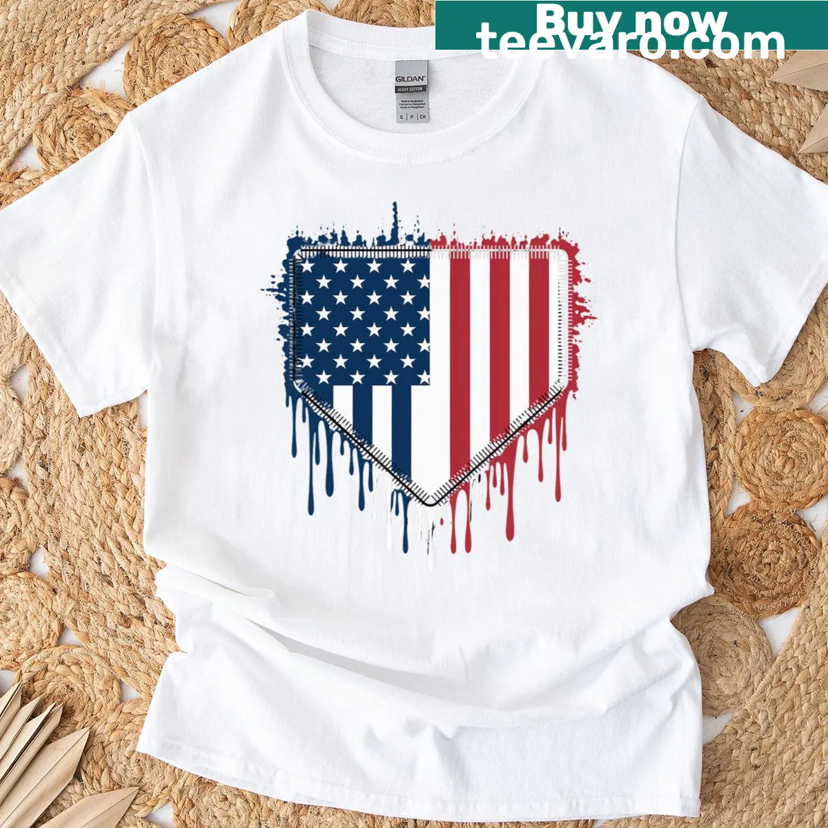 Patriotic T-shirt with ice cream cone and American flag in baseball drip style — on a men's t-shirt