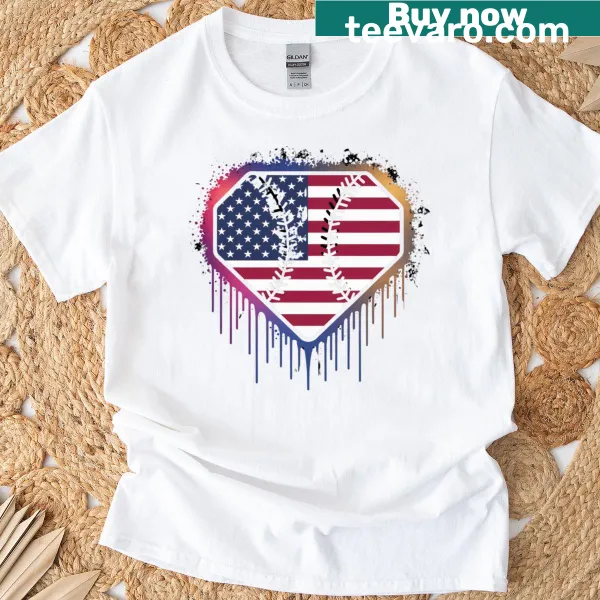 Playful ice cream baseball drip t-shirt showcasing American flag colors