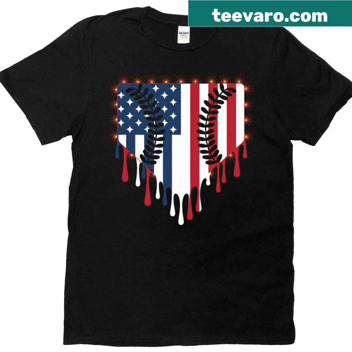 Patriotic t-shirt with American flag ice cream and baseball graphics — on a men's t-shirt