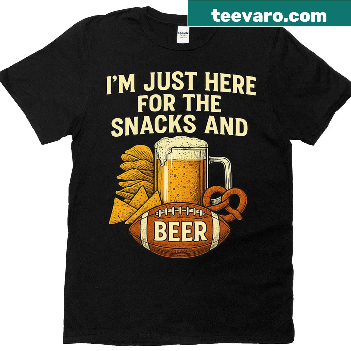 T-shirt with text 'I'm just here for the snacks and beer' — on a men's t-shirt
