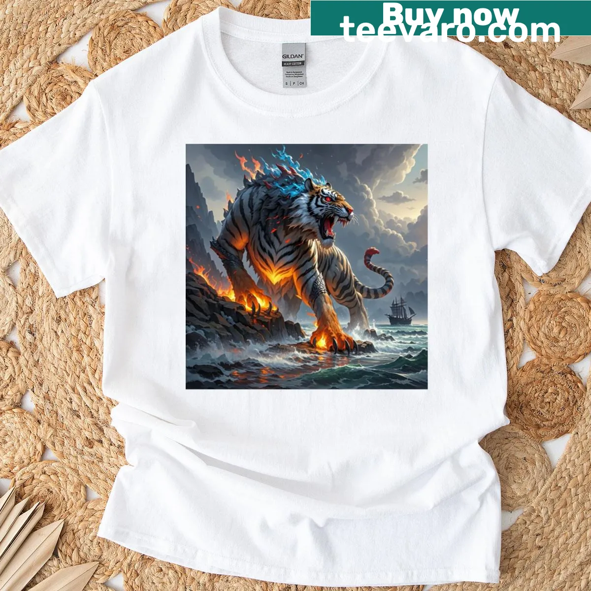 T-shirt featuring a roaring blue-mane tiger against ocean waves — on a men's t-shirt