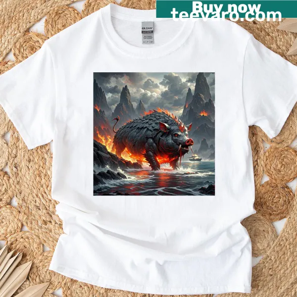 Illustration of an infernal lava boar emerging from flames on a T-shirt