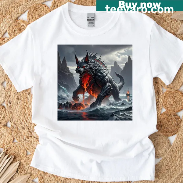 Illustrative T-shirt featuring a hellhound and roaring lava storm