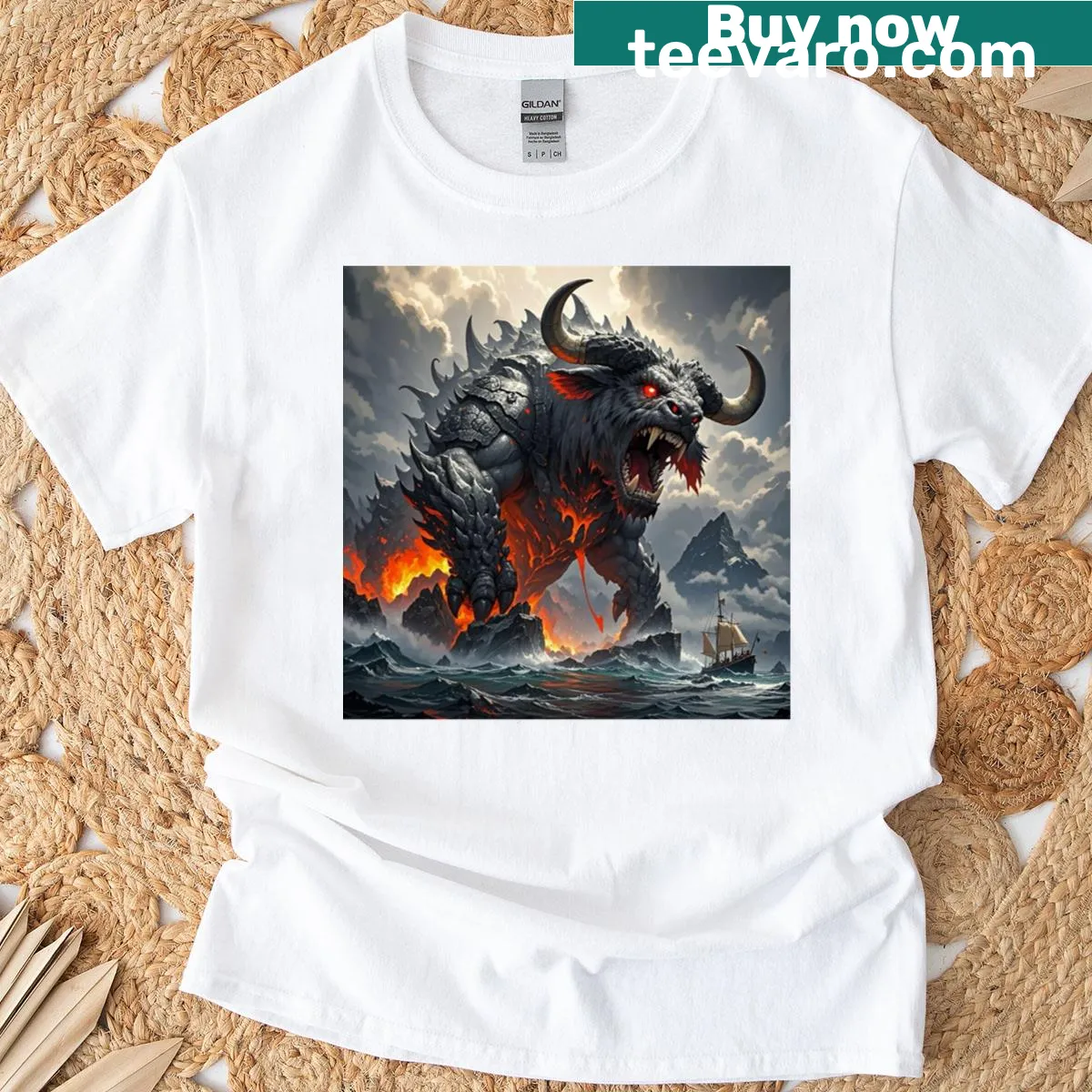 Minotaur T-shirt with lava and sea design roaring — on a men's t-shirt
