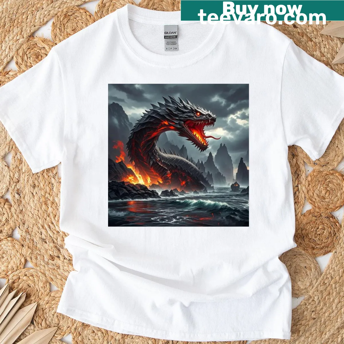 Sea serpent dragon T-shirt with fiery eruption design — on a men's t-shirt