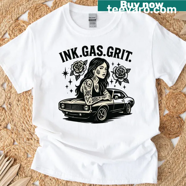 Typographic design reading 'ink gas grit' on an oversized T-shirt
