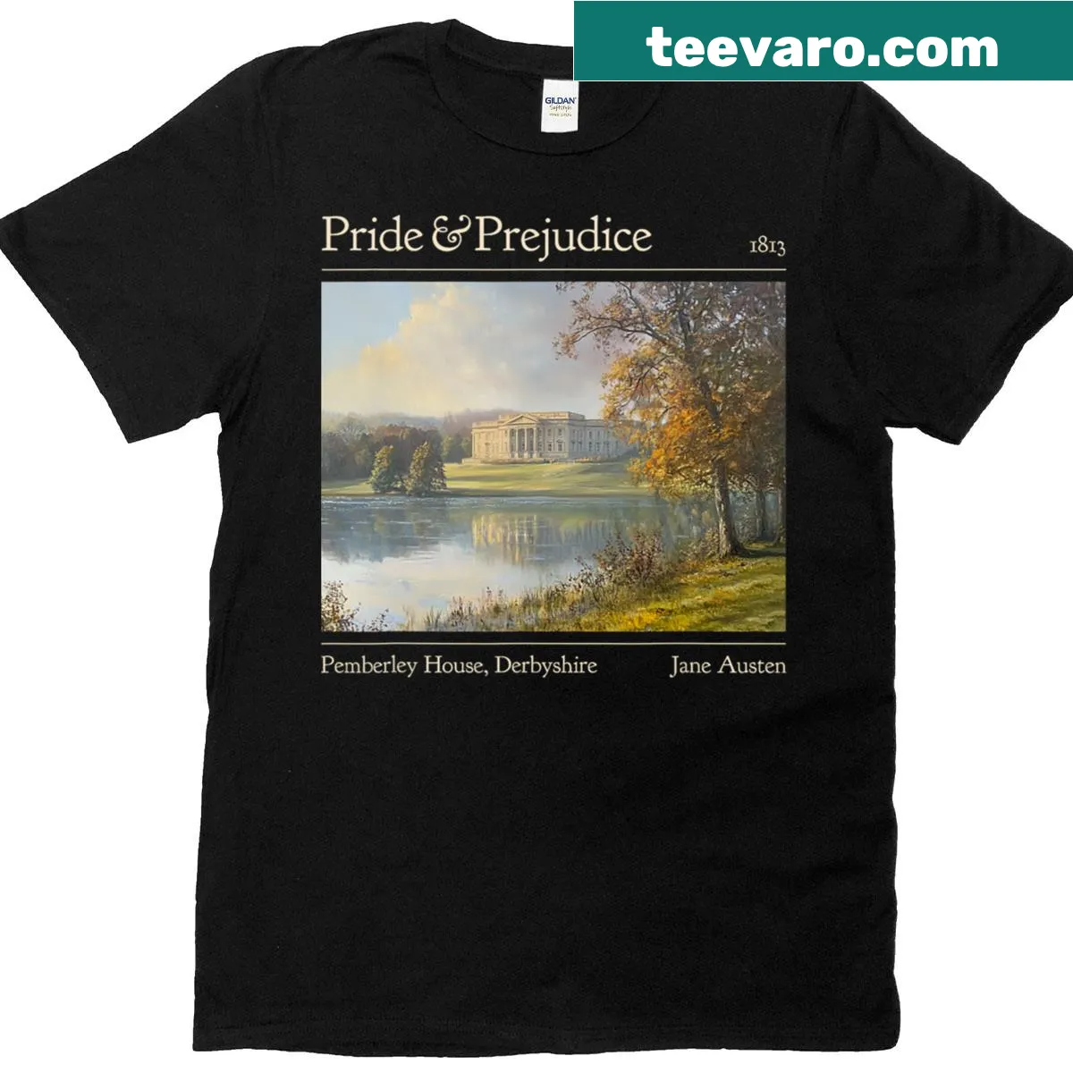 T-shirt celebrating Pride and Prejudice with Pemberley illustration — on a men's t-shirt