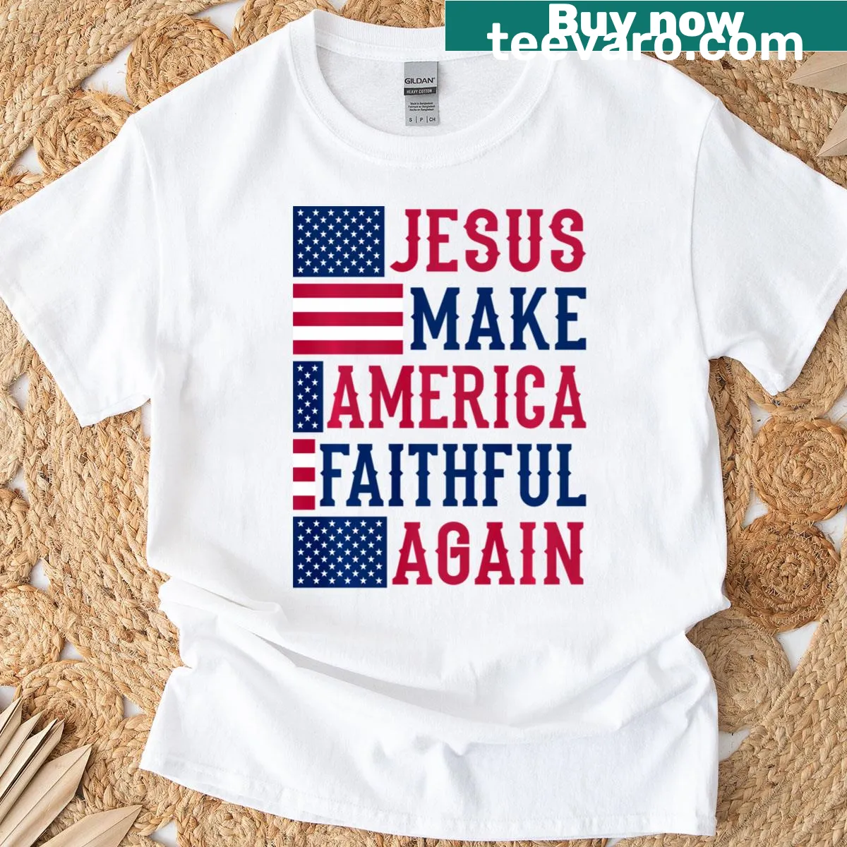 Patriotic T-shirt with 'Jesus Make America Faithful Again' text and flag design — on a men's t-shirt