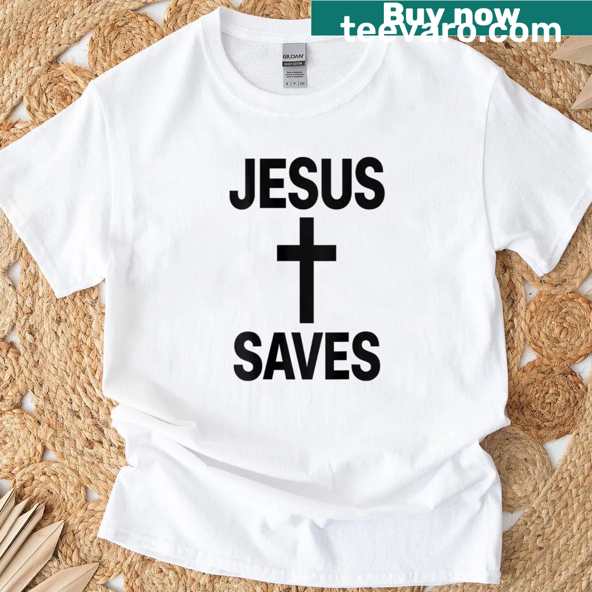 Faith-themed T-shirt with 'Jesus saves' printed on front and back — on a men's t-shirt