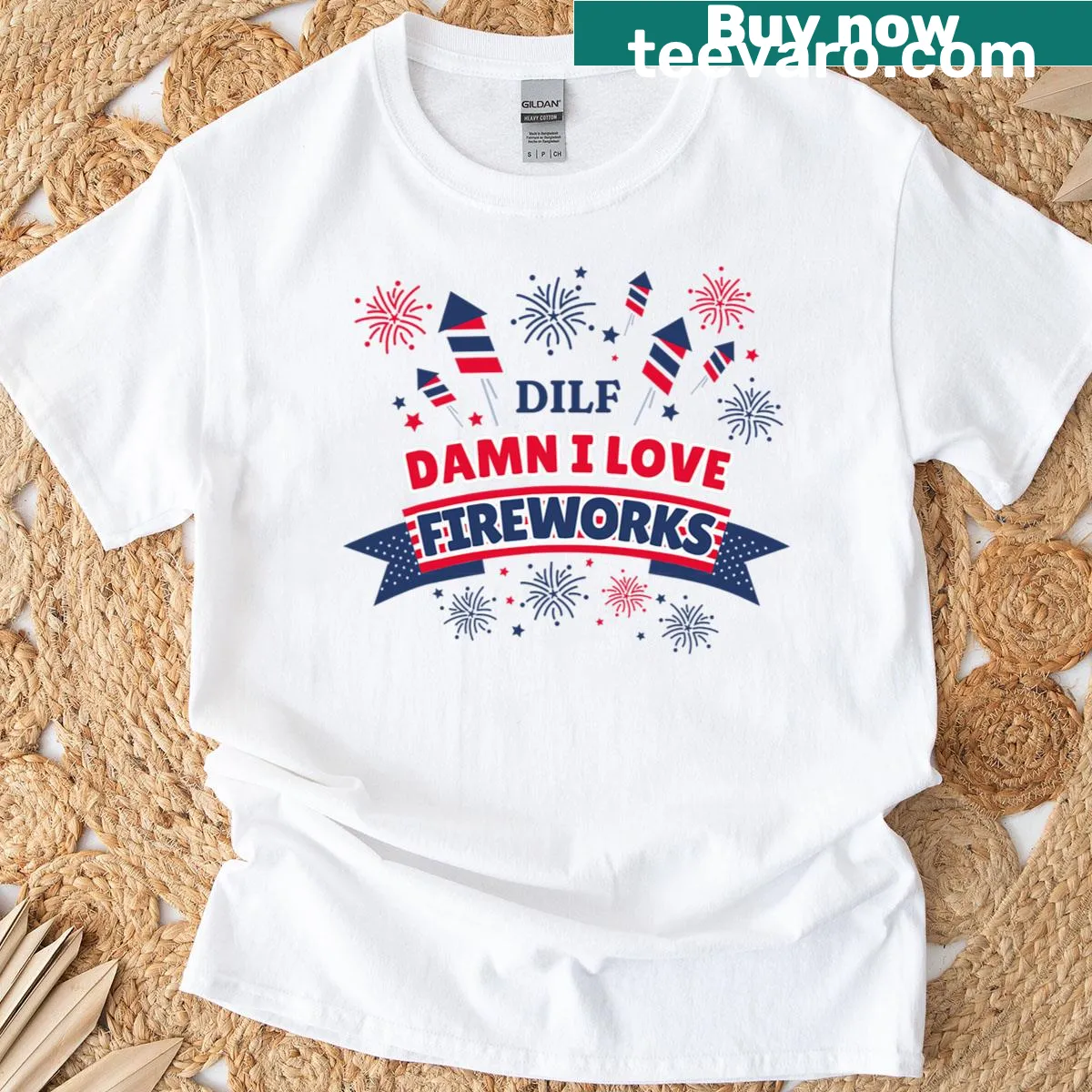 Funny July 4th T-shirt with fireworks and USA flag design — on a men's t-shirt