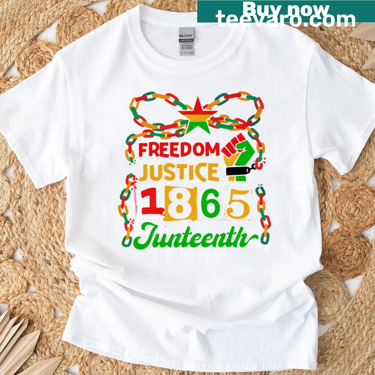Graphic T-shirt with breaking chains symbolizing freedom for Juneteenth — on a men's t-shirt