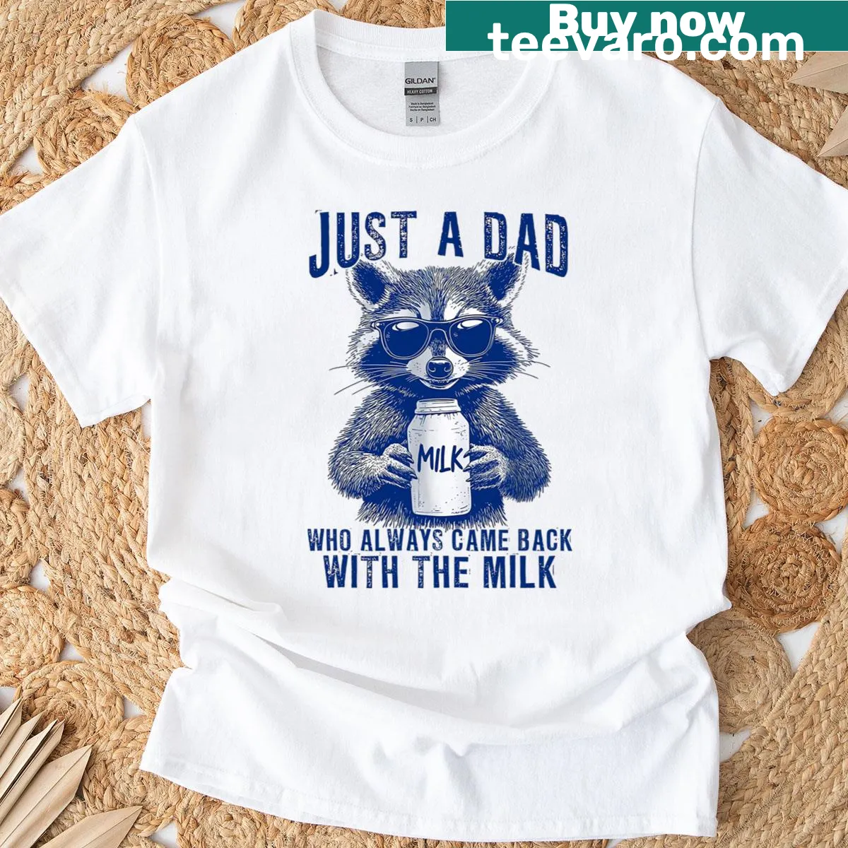 Funny dad T-shirt with text about coming back with the milk — on a men's t-shirt