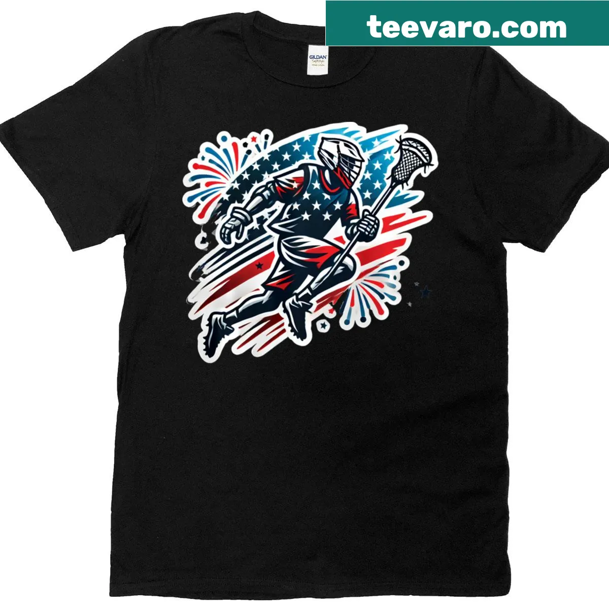 T-shirt combining lacrosse imagery with 4th of July themes — on a men's t-shirt