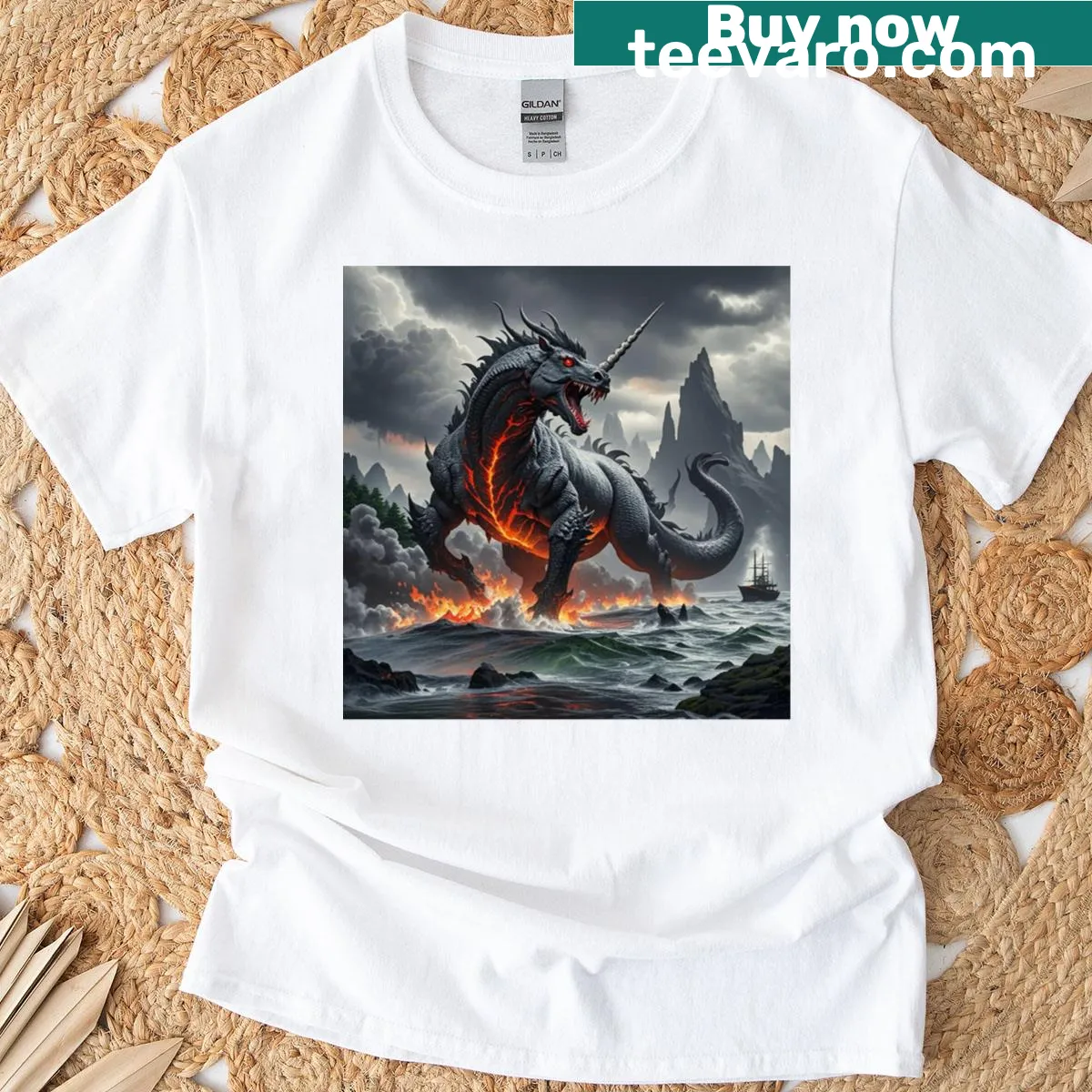 Illustration of a lava-horned dragon emerging from the sea on T-shirt — on a men's t-shirt